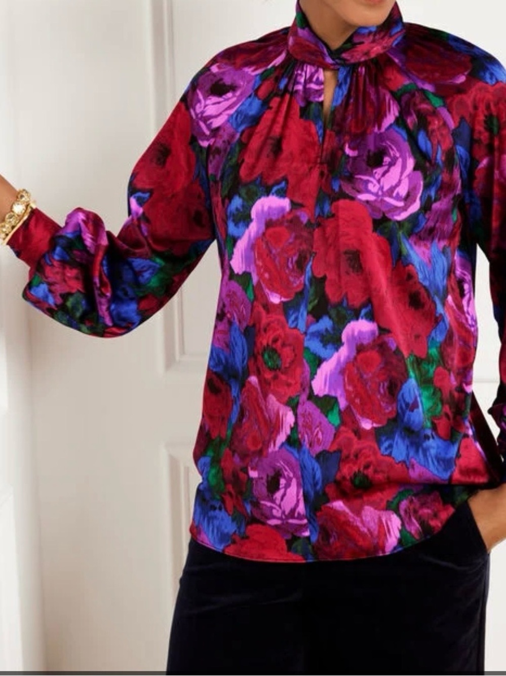 Talbots Floral Twist Neck Blouse in Pink, Red, , Purple and Blue